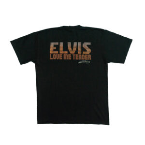 Elvis-Presley-Black-T-Shirt. Pánské černé vintage tričko značky Rock Tees s krátkým rukávem a potiskem zpěváká Elvis Presley na přední i zadní straně.