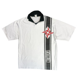 Metallica-White-Jersey 1990s. Pánský bílý vintage dres značky Giant s krátkým rukávem a potiskem kapely Metallica. Metallica-White-Jersey 1990s. Pánský bílý vintage dres značky Giant s krátkým rukávem a potiskem kapely Metallica.
