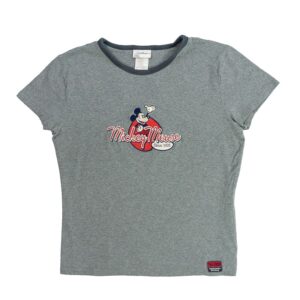 Mickey-Mouse-Womens-T-Shirt. Dámské šedé vintage tričko značky Disney s krátkým rukávem a potiskem postavy Mickey Mouse. Mickey-Mouse-Womens-T-Shirt. Dámské šedé vintage tričko značky Disney s krátkým rukávem a potiskem postavy Mickey Mouse.