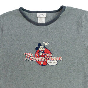 Mickey-Mouse-Womens-T-Shirt. Dámské šedé vintage tričko značky Disney s krátkým rukávem a potiskem postavy Mickey Mouse.