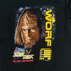 Star-Trek-Worf-Black-T-Shirt. Pánské černé vintage tričko s krátkým rukávem a potiskem filmu Star Trek z roku 1993.