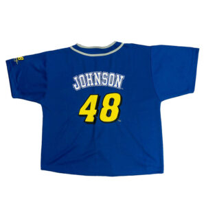 Team-Lowes-Blue-Jersey. Pánský modrý závodní vintage dres s krátkým rukávem a nášivkou loga Lowe's Nascar Team závodníka Jimmie Johnson 48.