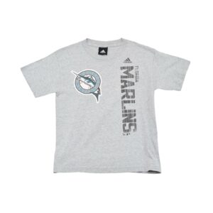Dětské šedé tričko značky Adidas s krátkým rukávem a potiskem amerického baseballového MLB týmu Florida Marlins na přední straně Kids Grey T-Shirt