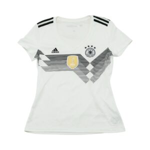 Dámský bílý fotbalový dres značky Adidas s krátkým rukávem a potiskem německé fotbalové reprezentace Women White Jersey