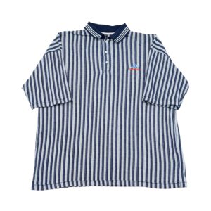 Pánské modré pruhované vintage polo tričko značky Adidas s nášivkou na přední straně a rukávu Striped Polo Shirt