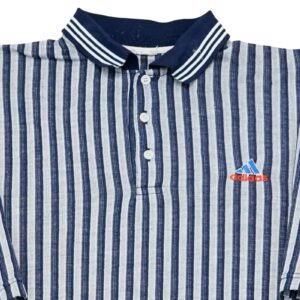 Pánské modré pruhované vintage polo tričko značky Adidas s nášivkou na přední straně a rukávu Striped Polo Shirt