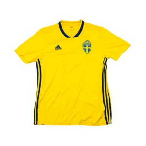 Pánský žlutý fotbalový dres značky Adidas s krátkým rukávem a motivem švédské fotbalové reprezentace s hráčem Larsson Yellow Football Soccer Jersey
