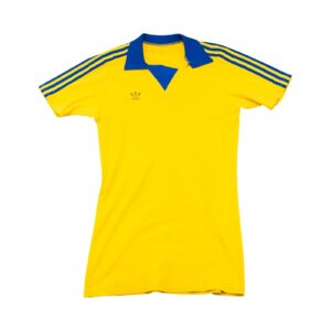 Dámské žluté vintage šaty značky Adidas Originals s modrým límečkem a potiskem na přední straně Yellow Long T-Shirt Dress