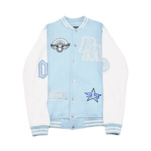 Pánská světle modro bílá mikina značky BoohooMAN s motivem Members Club Baseball Sweatshirt