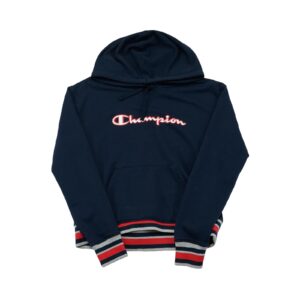 Dámská tmavě modrá mikina s kapucí značky Champion s nášivkou na přední straně Dark Blue Hoodie