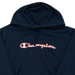Dámská tmavě modrá mikina s kapucí značky Champion s nášivkou na přední straně Dark Blue Hoodie