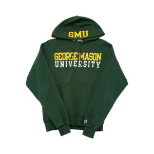 Pánská zelená mikina s kapucí značky Champion s potiskem George Mason University na přední straně a kapuci Hoodie