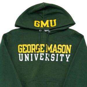Pánská zelená mikina s kapucí značky Champion s potiskem George Mason University na přední straně a kapuci Hoodie