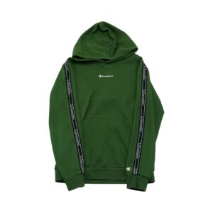 Dětská tmavě zelená mikina s kapucí značky Champion s nášivkou na rukávu Green Kids Hoodie