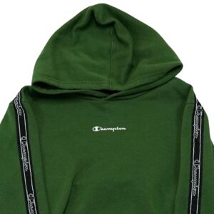 Dětská tmavě zelená mikina s kapucí značky Champion s nášivkou na rukávu Green Kids Hoodie