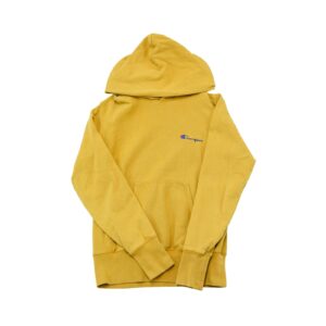 Pánská žlutá vintage mikina s kapucí značky Champion s malou nášivkou na přední straně Yellow Hoodie