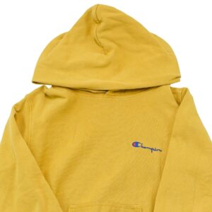 Pánská žlutá vintage mikina s kapucí značky Champion s malou nášivkou na přední straně Yellow Hoodie