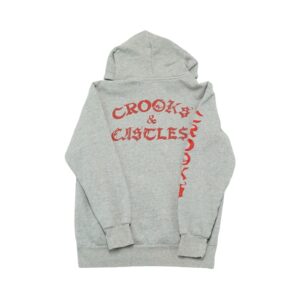 Pánská šedá mikina s kapucí značky Crooks & Castles s červeným potiskem z obou stran a rukávu Grey Hoodie