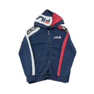 Pánská tmavě modrá mikina s kapucí značky FILA s nášivkou na rukávu a potiskem na přední straně a kapuci Dark Blue Zip Hoodie