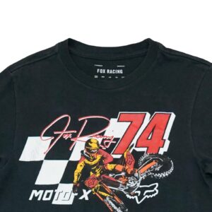 Pánské černé vintage tričko značky Fox Racing s krátkým rukávem a potiskem Moto-X 74 na přední straněPánské černé vintage tričko značky Fox Racing s krátkým rukávem a potiskem Moto-X 74 na přední straně Black T-Shirt