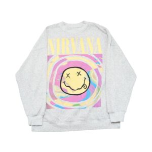 Pánský šedý crewneck značky H&M s potiskem Nirvana na přední straně Grey Crewneck Pánský šedý crewneck značky H&M s potiskem Nirvana na přední straně Grey Crewneck