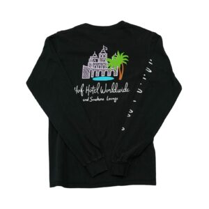 Pánské černé tričko značky HUF s dlouhým rukávem a potiskem Hotel Worldwide z obou stran a rukávu Black Longsleeve T-Shirt