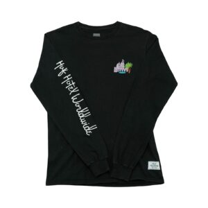 Pánské černé tričko značky HUF s dlouhým rukávem a potiskem Hotel Worldwide z obou stran a rukávu Black Longsleeve T-Shirt