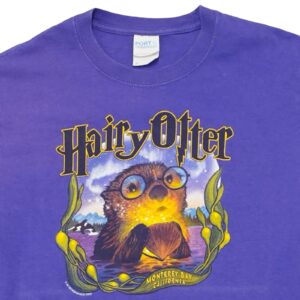 Pánské fialové vintage tričko značky Port & Company s krátkým rukávem a potiskem Hairy Otter (Harry Potter) na přední straně z roku 2002 Purple Vintage T-Shirt