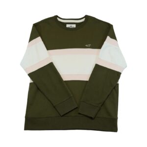Pánský khaki crewneck značky Hollister s malou nášivkou na přední straně