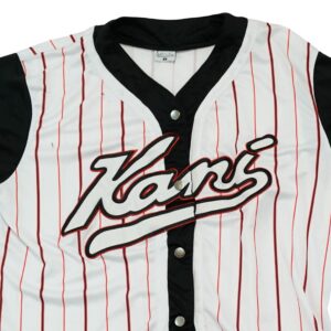 Pánský bílo černý pruhovaný vintage dres značky Karl Kani s krátkým rukávem a nášivkou na přední straně White Striped Jersey