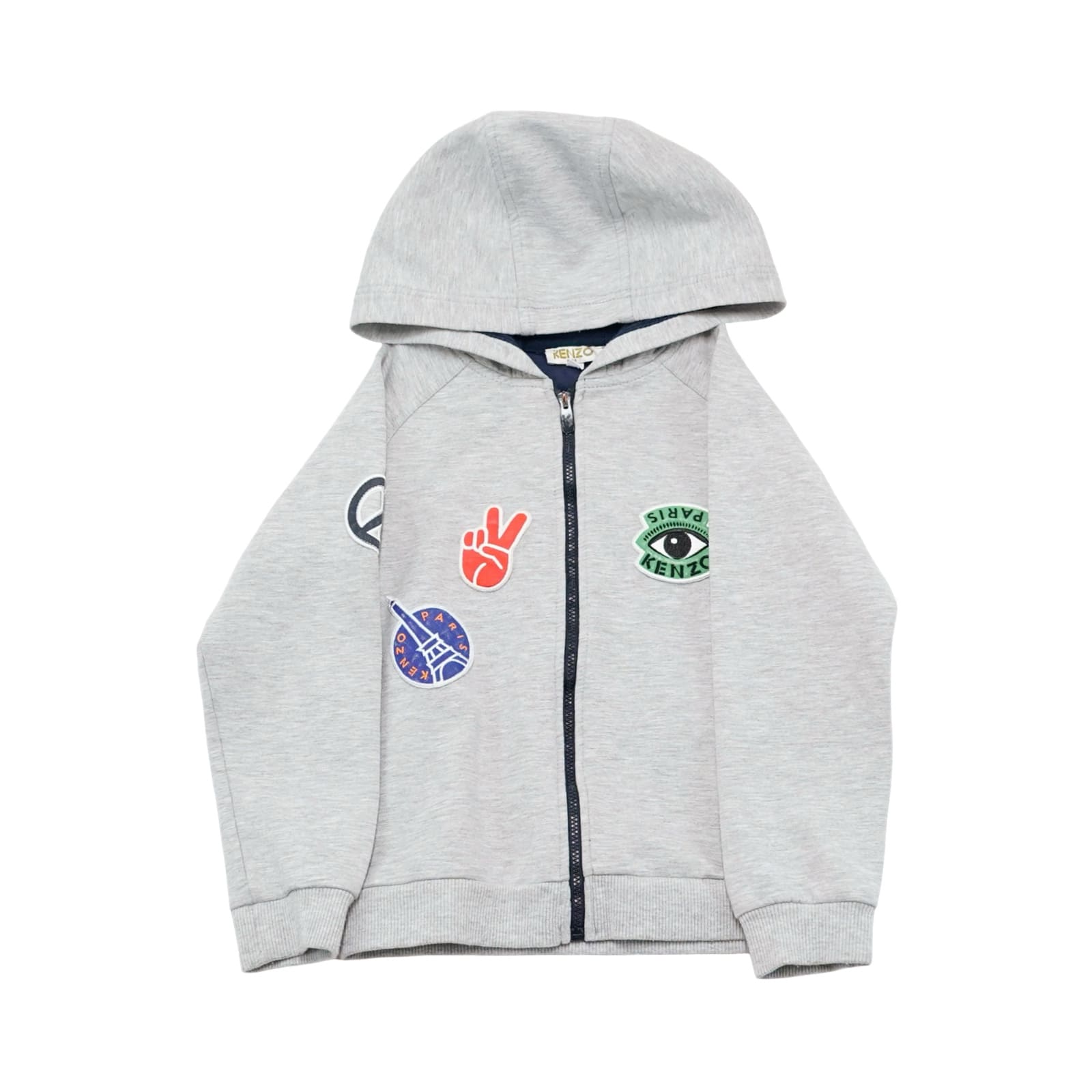 Dětská šedá mikina s kapucí designer značky Kenzo s barevnými nášivkami Kids Grey Zip Hoodie
