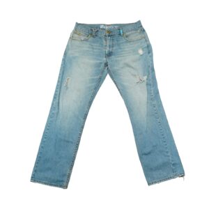 Pánské světle modré vintage džíny značky LRG s dírama na přední straně.. LRG Light Blue Jeans