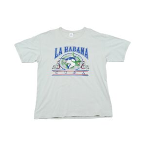 Pánské šedé vintage tričko značky Yazbek s krátkým rukávem a potiskem La Habana Cuba na přední straně Grey T-Shirt