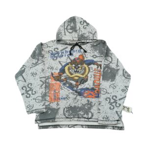 Dámská šedá vintage mikina s kapucí značky Looney Tunes s potiskem Taz z roku 1996.. Looney Tunes Taz Snowboard Grey Hoodie