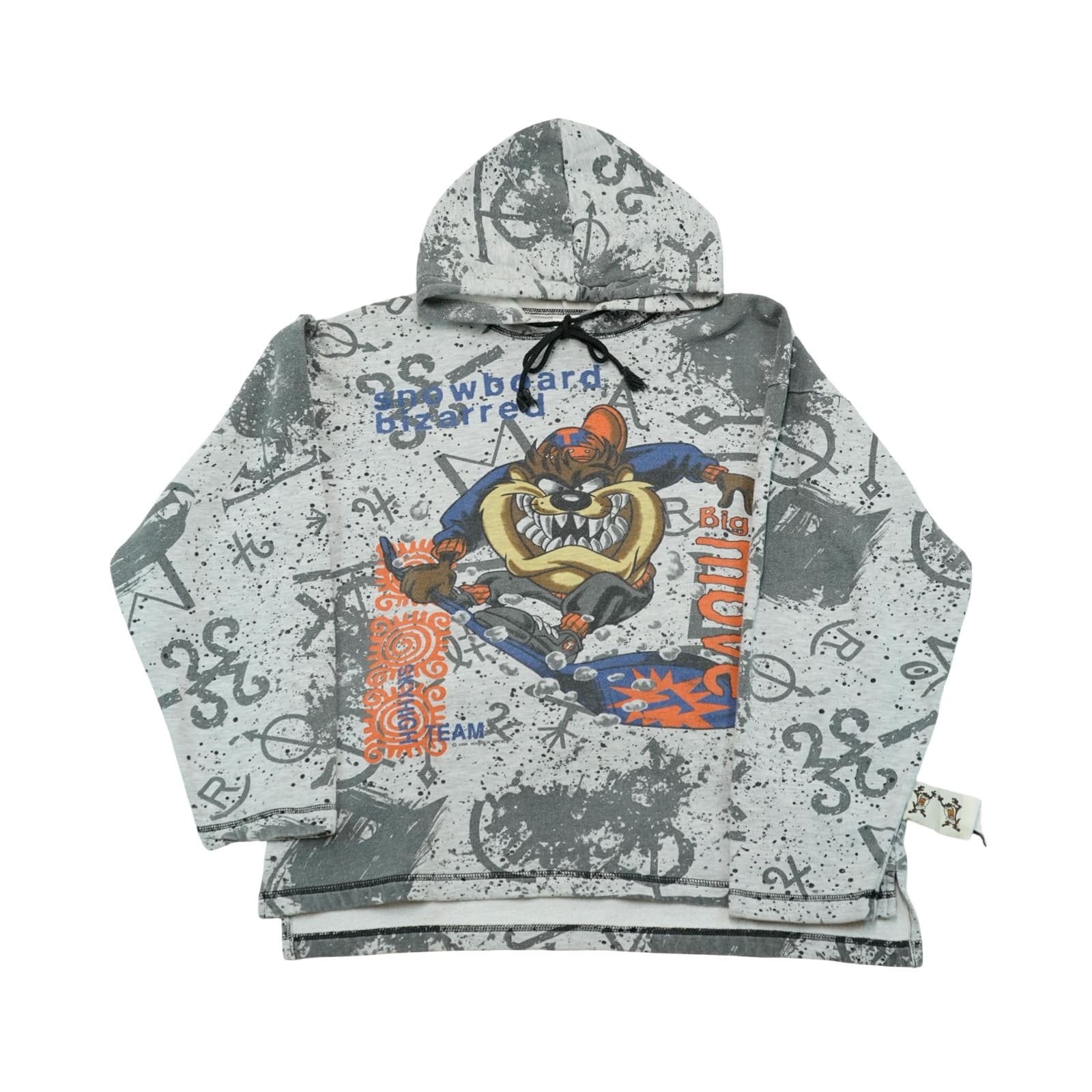 Dámská šedá vintage mikina s kapucí značky Looney Tunes s potiskem Taz z roku 1996.. Looney Tunes Taz Snowboard Grey Hoodie