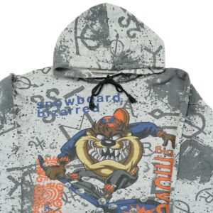 Dámská šedá vintage mikina s kapucí značky Looney Tunes s potiskem Taz z roku 1996.. Looney Tunes Taz Snowboard Grey Hoodie