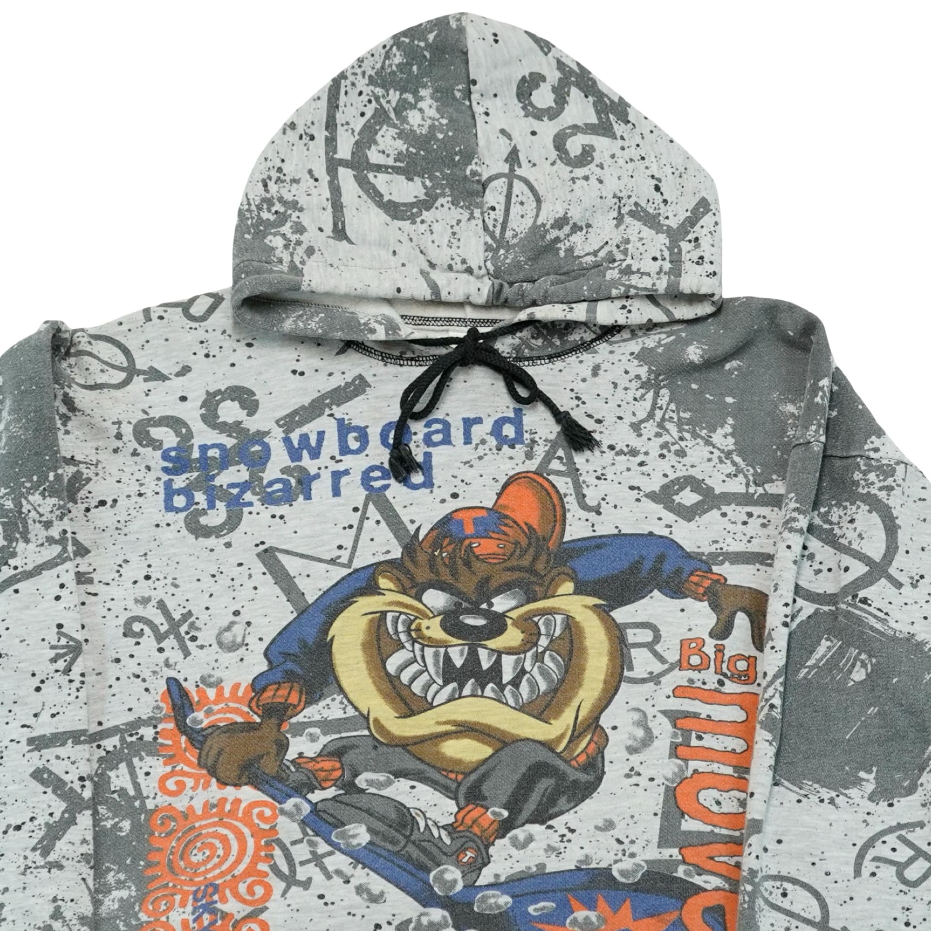 Dámská šedá vintage mikina s kapucí značky Looney Tunes s potiskem Taz z roku 1996.. Looney Tunes Taz Snowboard Grey Hoodie