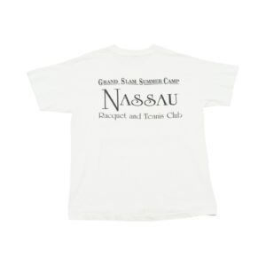 Nassau Tennis School T-Shirt. Pánské bílé tričko s krátkým rukávem značky Screen Stars s potiskem Nassau Tenis School na přední i zadní straně.