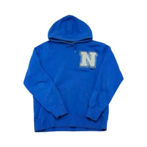 Pánská modrá mikina s kapucí značky Nike s nášivkou na přední straně.. Nike Blue Hoodie 1
