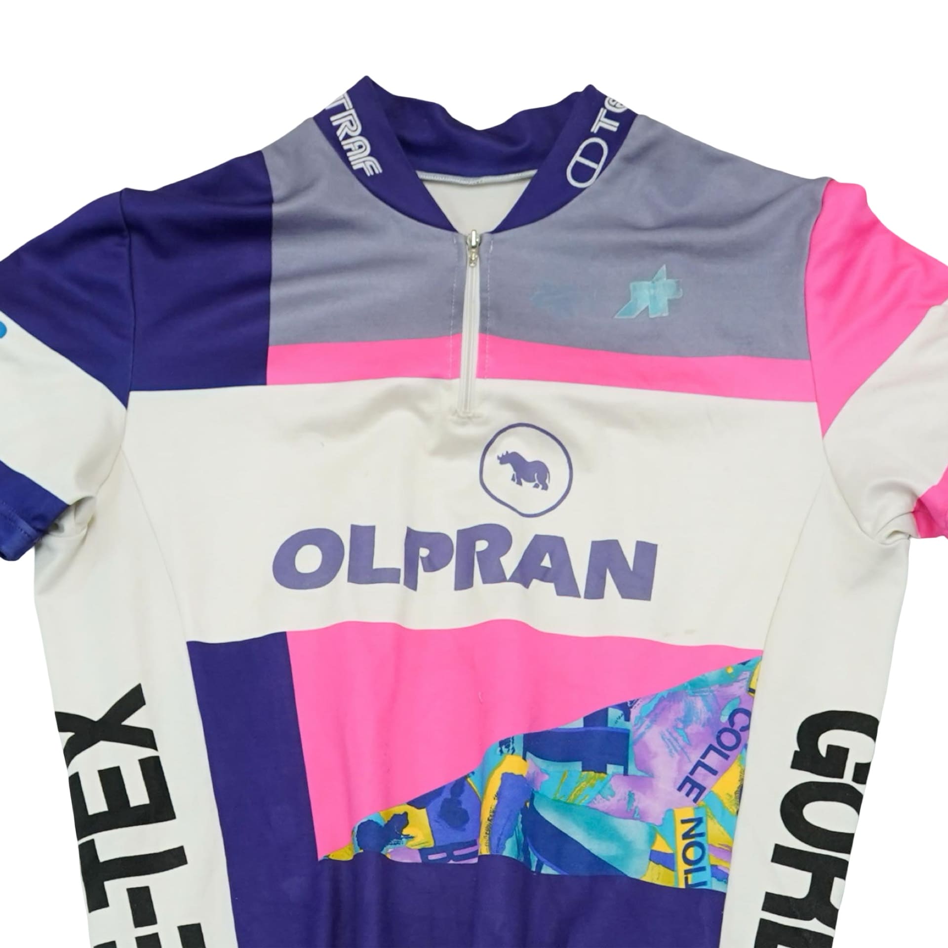 Pánský barevný vintage cyklistický dres značky Olpran s potiskem na přední i zadní straně.. Olpran Bike Jersey