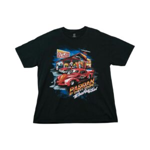 Pánské černé vintage tričko značky Hanes s krátkým rukávem a potiskem Hemmestorps Outlaw Racing Paddan 37 Chevy Coupe na přední straně. Paddan 37 Chevy Coupe T-Shirt .
