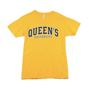 Pánské žluté tričko s krátkým rukávem a potiskem Queens University na přední straně. Queens Unniversity Yellow T-Shirt