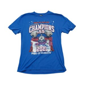 Pánské modré tričko s krátkým rukávem a potiskem Rangers FC Glasgow Scotland Champions 2021 z obou stran. Rangers Glasgow Champions Blue T-Shirt