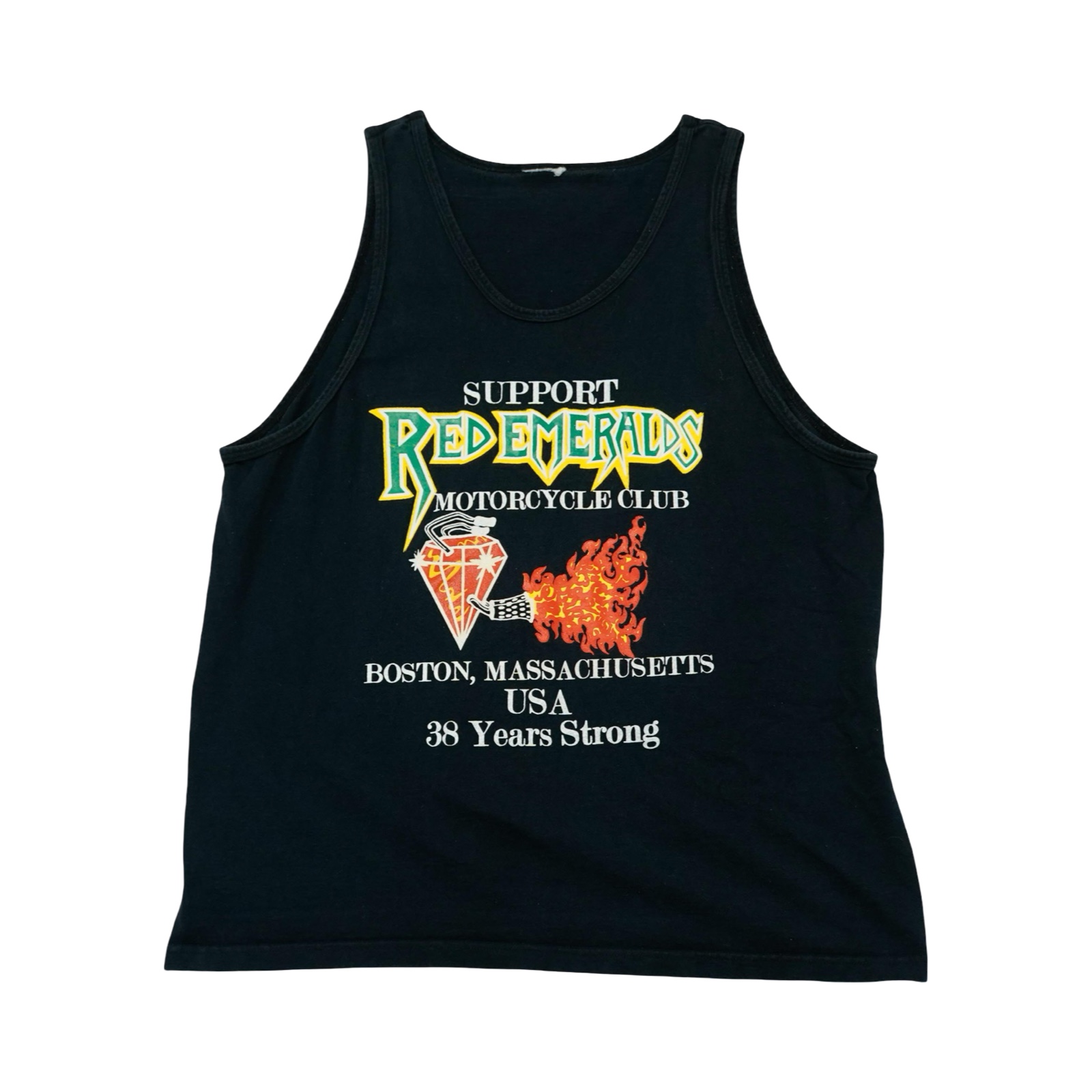 Pánské černé motorkářské vintage tílko s potiskem Red Emeralds Motorcycle Club z obou stran. . Red Emeralds Motorcycle Club Black Tank Top.