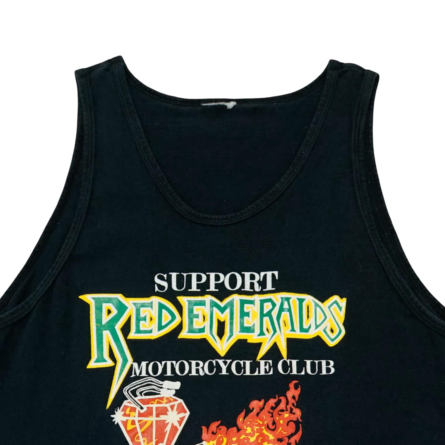 Pánské černé motorkářské vintage tílko s potiskem Red Emeralds Motorcycle Club z obou stran. . Red Emeralds Motorcycle Club Black Tank Top.