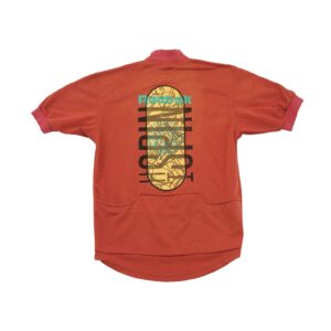 Pánský červený vintage látkový cyklistický dres značky Reebok s krátkým rukávem a potiskem na zadní straně.. Reebok Red Bike Polo Shirt