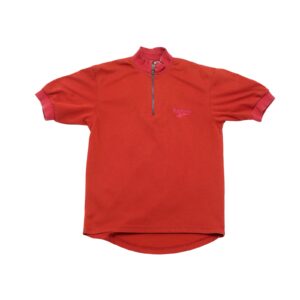 Pánský červený vintage látkový cyklistický dres značky Reebok s krátkým rukávem a potiskem na zadní straně.. Reebok Red Bike Polo Shirt