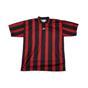 Fotbalový pruhovaný černo červený vintage dres značky Saller s krátkým rukávem a potiskem Börde Werkstätten na zadní straně Black Red Striped Jersey