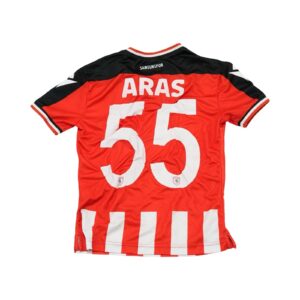 Dětský pruhovaný červeno bílý fotbalový dres značky Macron s krátkým rukávem a motivem tureckého fotbalového týmu Samsunspor Striped Red White Football Soccer Kids Jersey