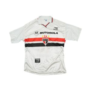 Fotbalový bílý vintage dres s krátkým rukávem a motivem brazilského fotbalového týmu Sao Paulo z roku 2000 Motorola White Football Soccer Jersey Fotbalový bílý vintage dres s krátkým rukávem a motivem brazilského fotbalového týmu Sao Paulo z roku 2000 Motorola White Football Soccer Vintage Jersey